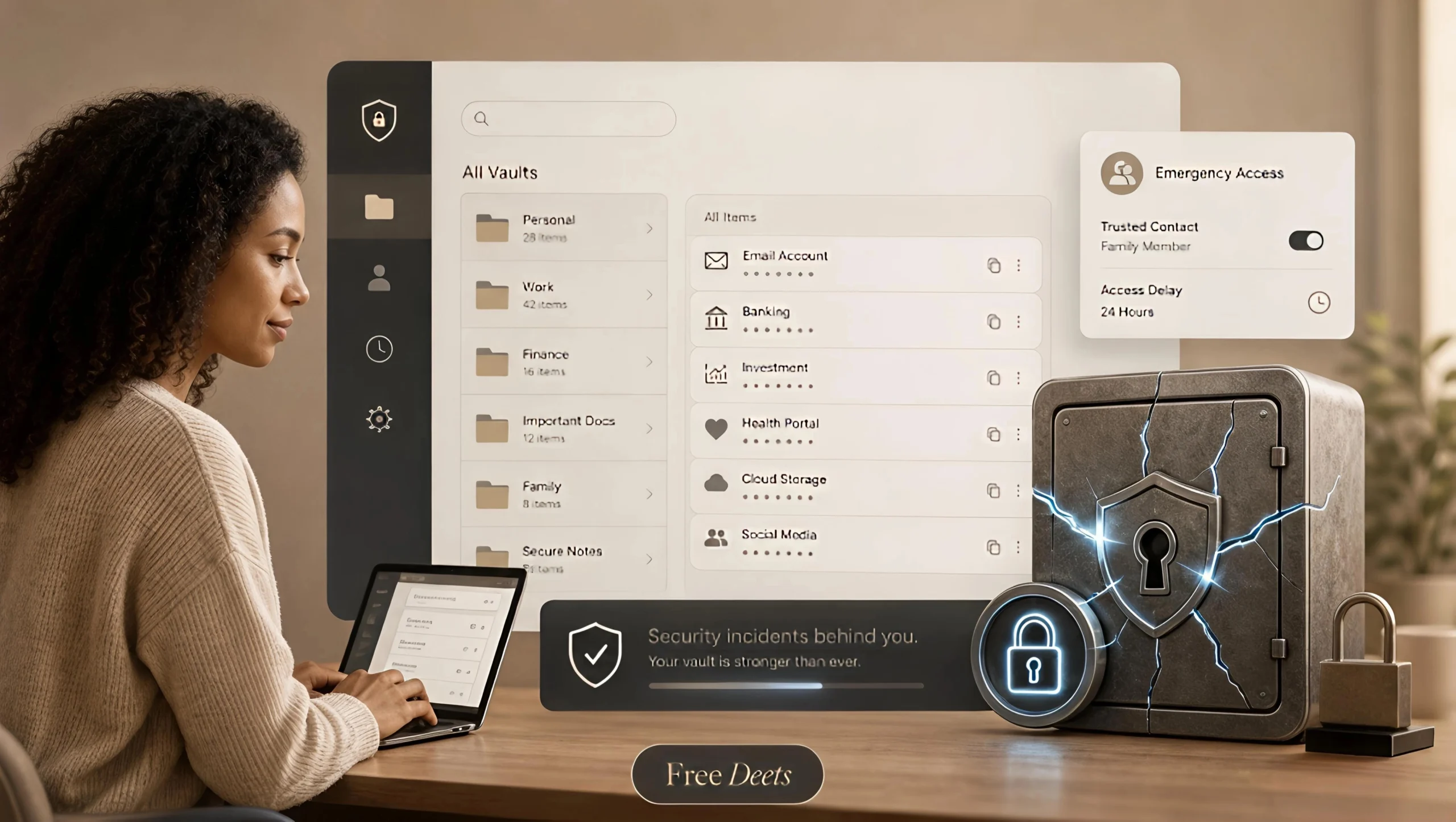 An online security interface showcasing emergency access setup, trusted contacts, and a robust physical steel safe.