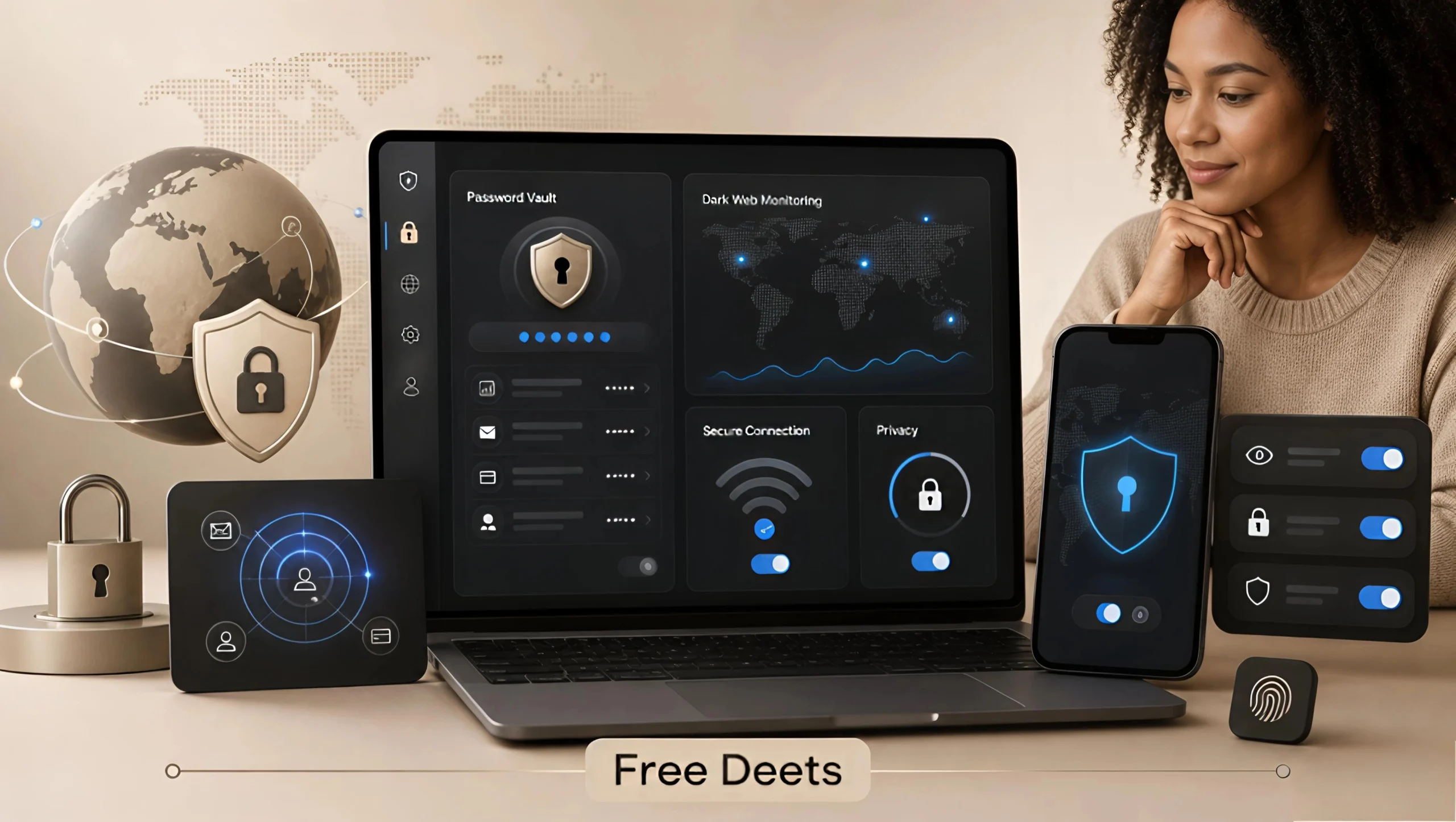 A woman reviewing a premium cybersecurity dashboard showing dark web identity threat monitoring maps and biometric settings.