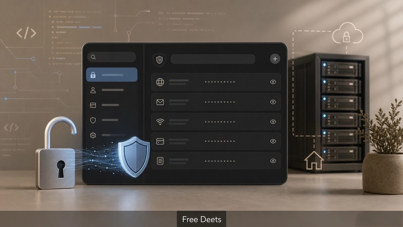 Open-source cybersecurity interface on a display next to an on-premise local server rack and a secure digital padlock.