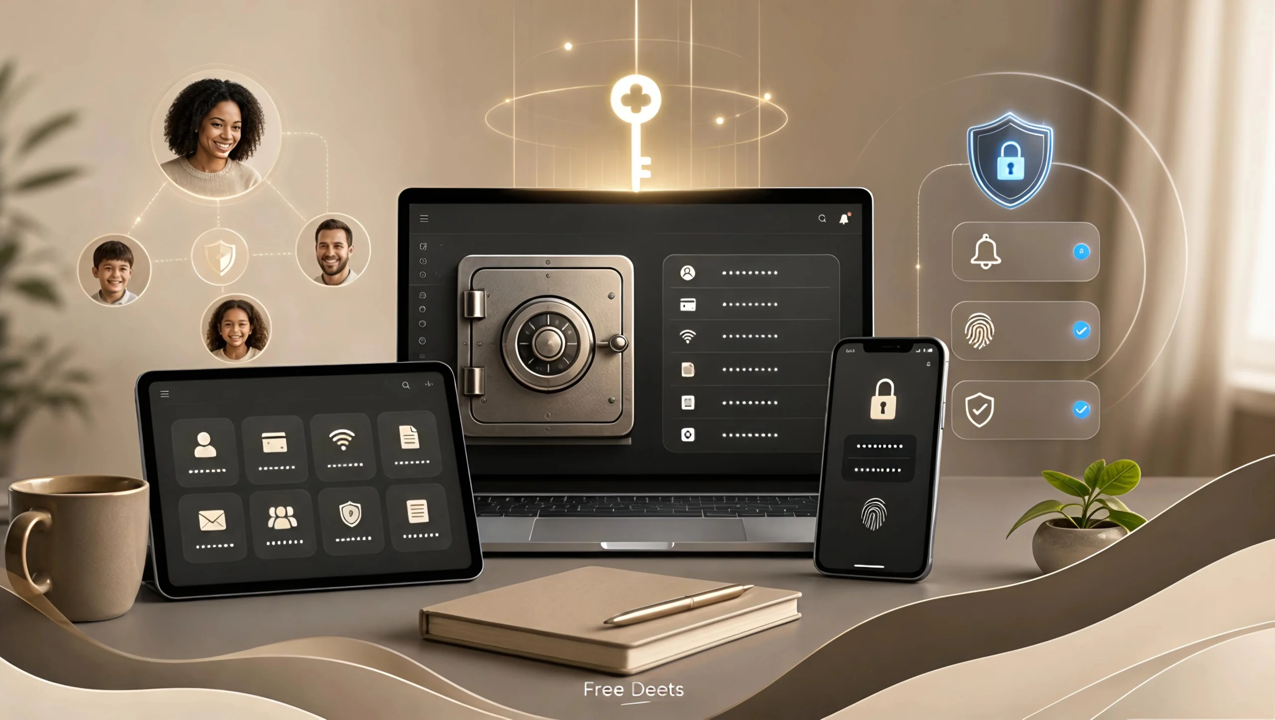 Secure digital vault UI on a laptop flanked by a tablet and smartphone showcasing encrypted family password sharing.