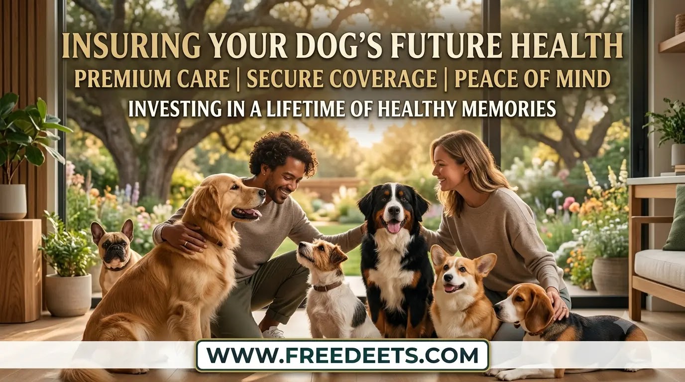 Two cheerful pet parents, a man and a woman, kneeling and smiling while interacting with a happy pack of several dogs of different breeds in a sunny, green park setting. The header text "Insuring Your Dog's Future Health" and the URL www.freedeets.com are included.