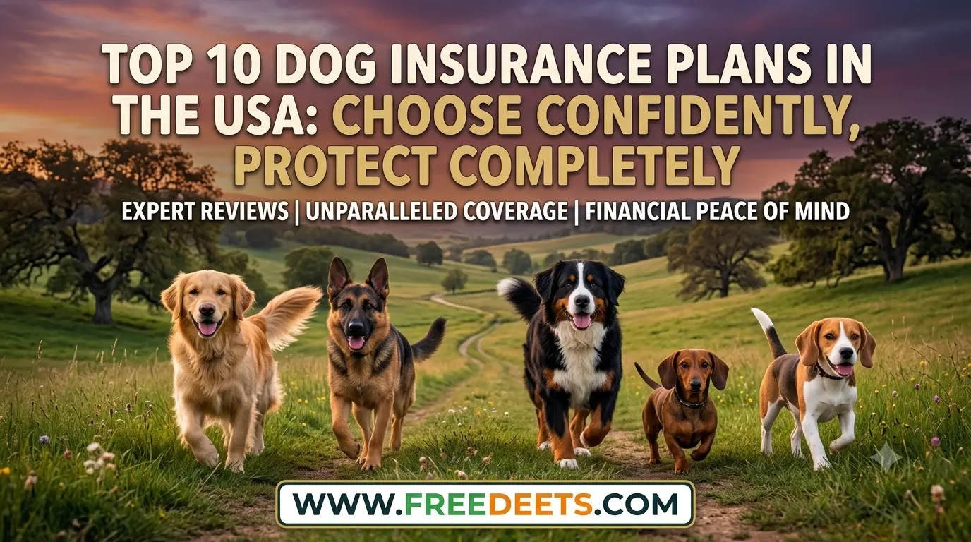 A diverse pack of happy dogs running through a grassy field with yellow wildflowers, featuring the header text "Choosing the Right Insurance for Your Dog" and the URL www.freedeets.com at the bottom.