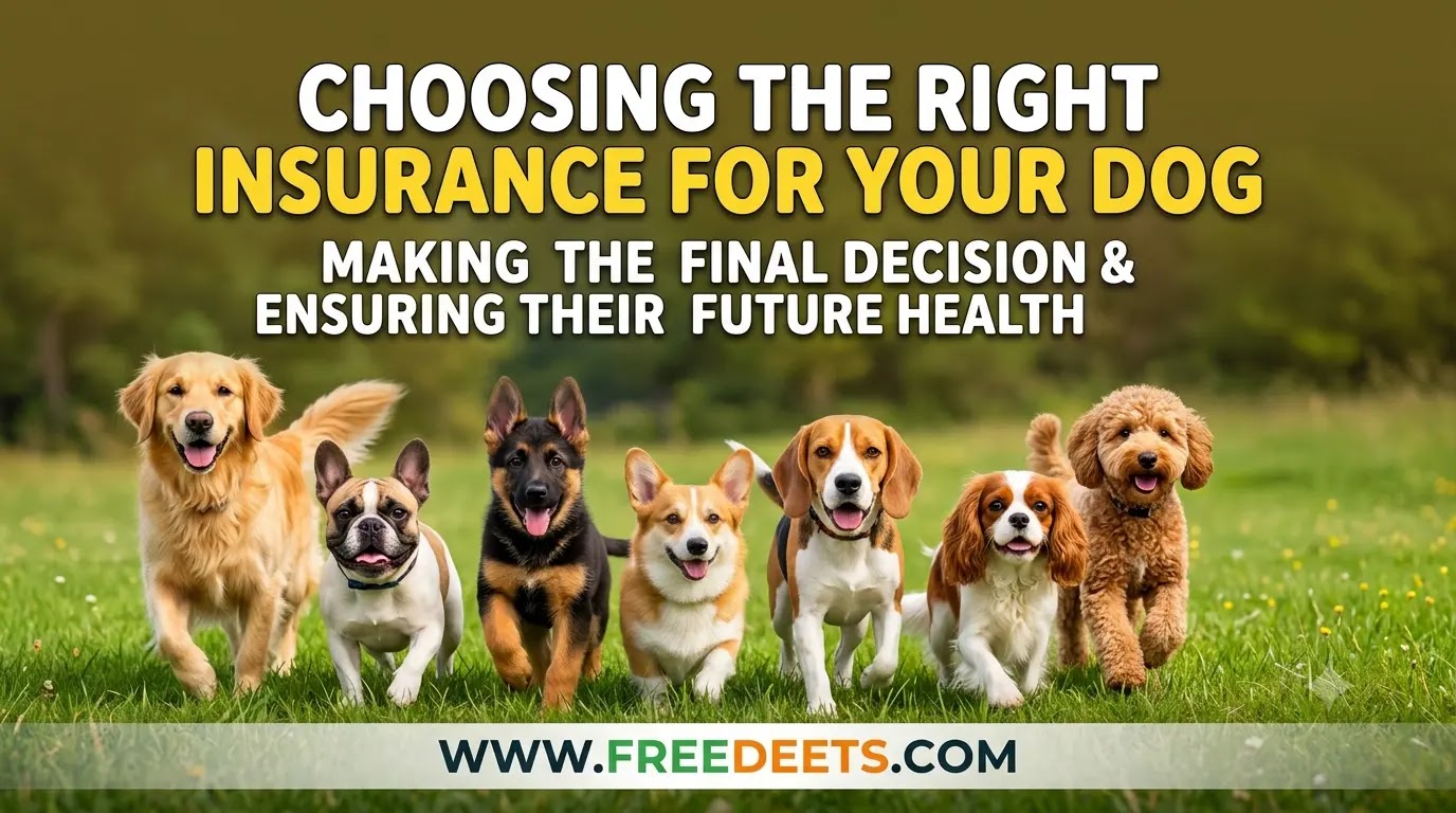 A combined graphic featuring a Golden Retriever puppy at a veterinary desk reviewing a policy, alongside comparison charts of US state-by-state data and a grid comparing features like reimbursement speed and direct pay options among providers. The URL www.freedeets.com is at the bottom.