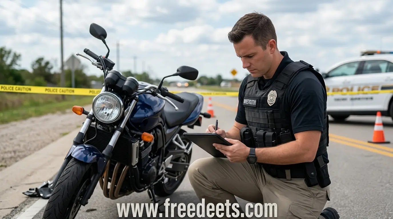 Police investigator taking notes on a tablet next to a motorcycle at an accident scene