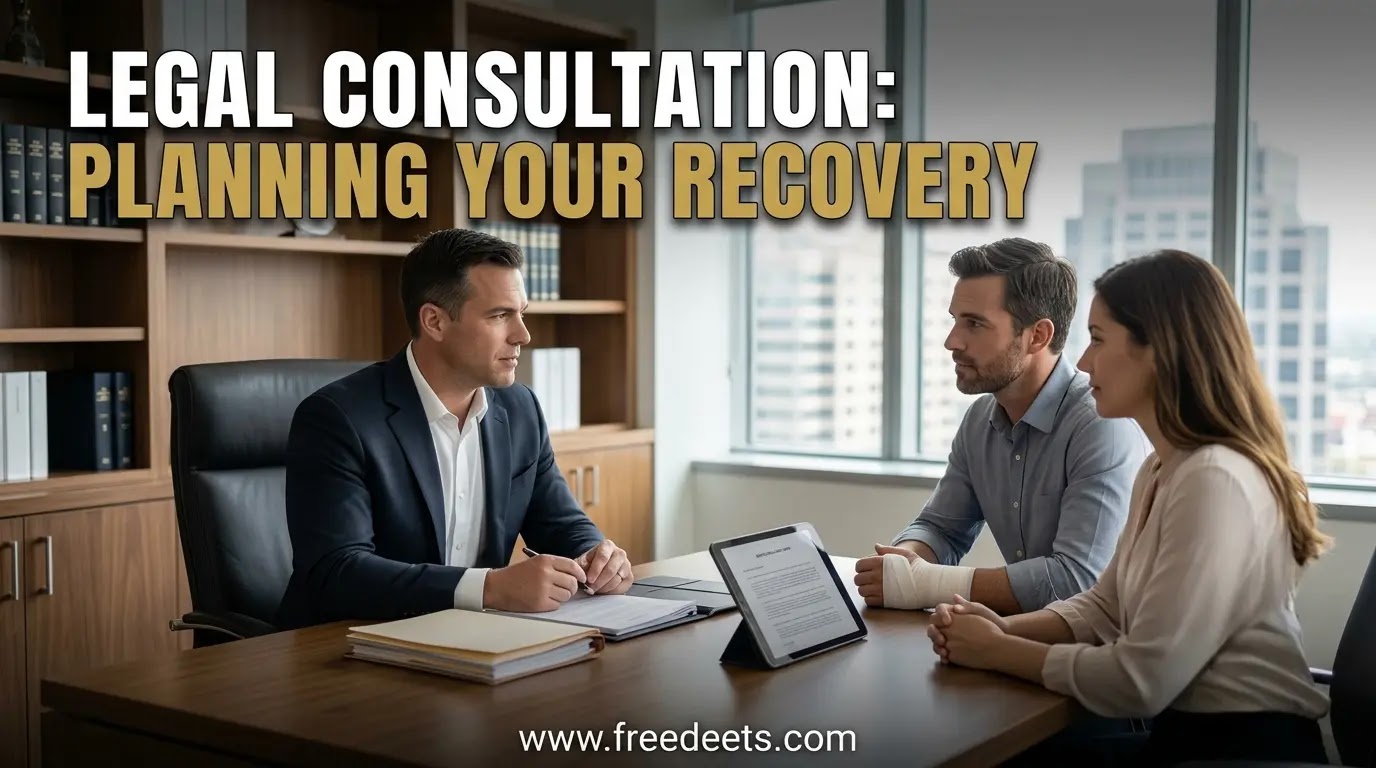 Injured motorcycle crash victim consulting with a personal injury lawyer in a modern law office