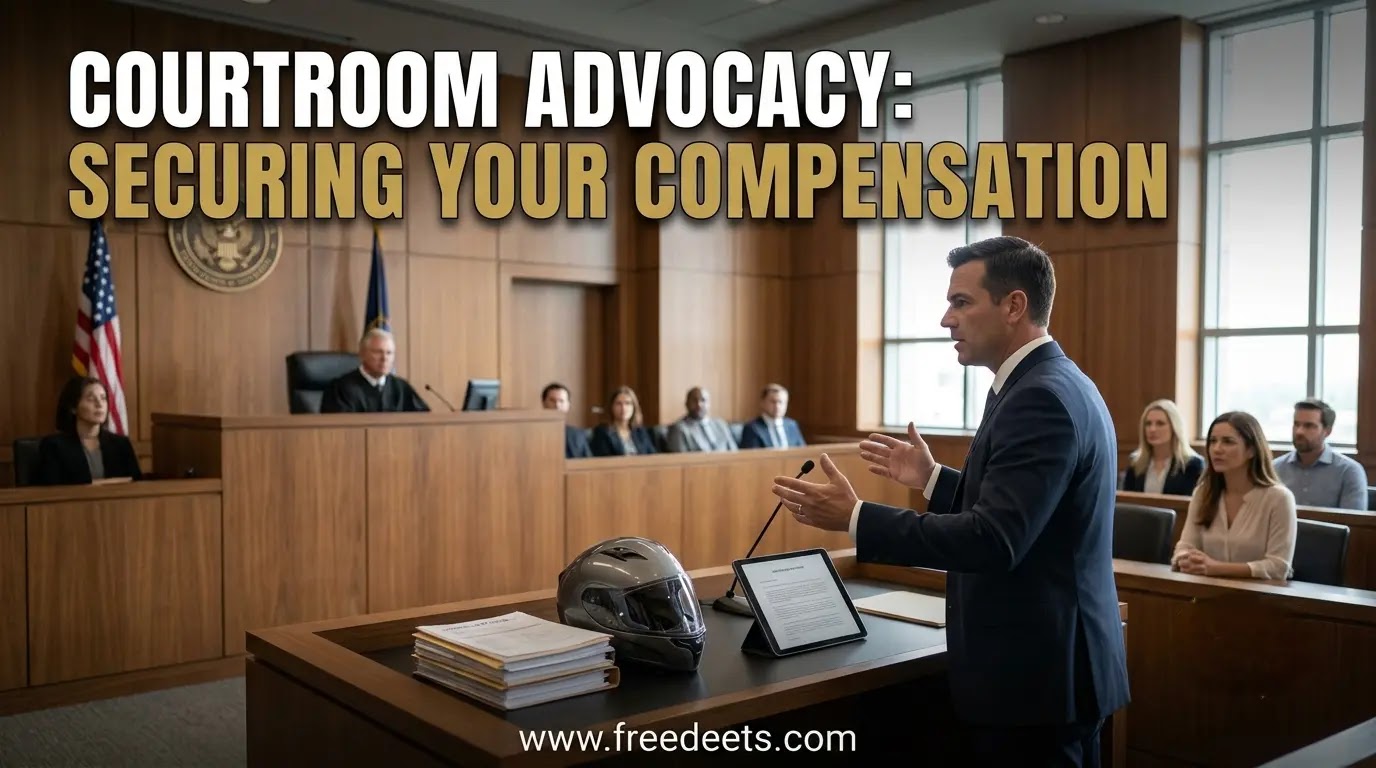 Personal injury attorney presenting a motorcycle accident case before a judge and jury in a US courtroom