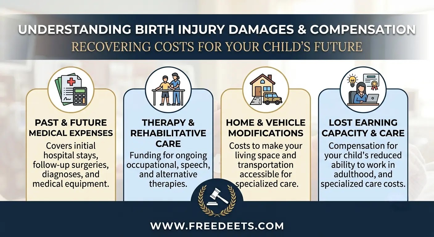 Infographic outlining types of birth injury compensation including medical expenses, therapy, home modifications, and lost earning capacity.