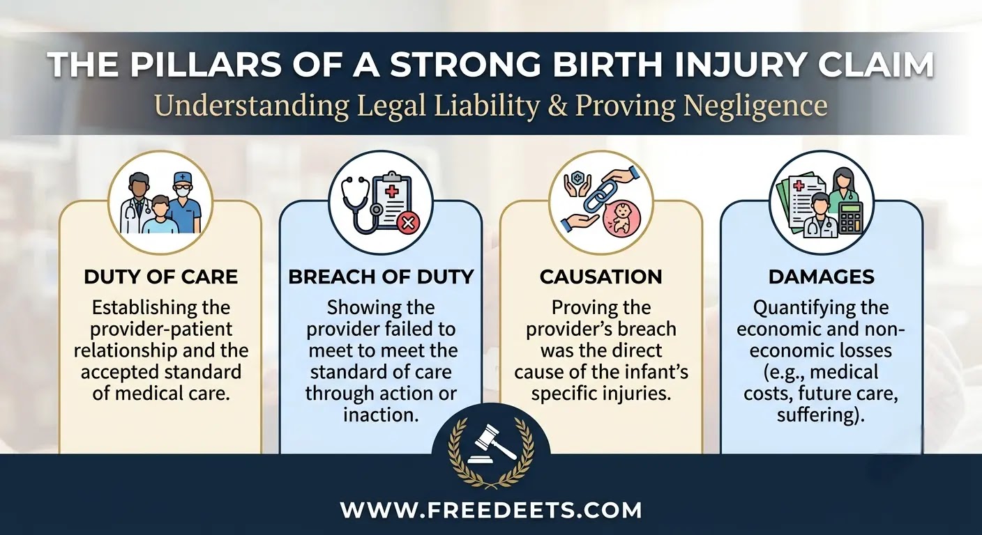 Infographic detailing the 4 pillars of a birth injury claim: Duty of Care, Breach of Duty, Causation, and Damages.
