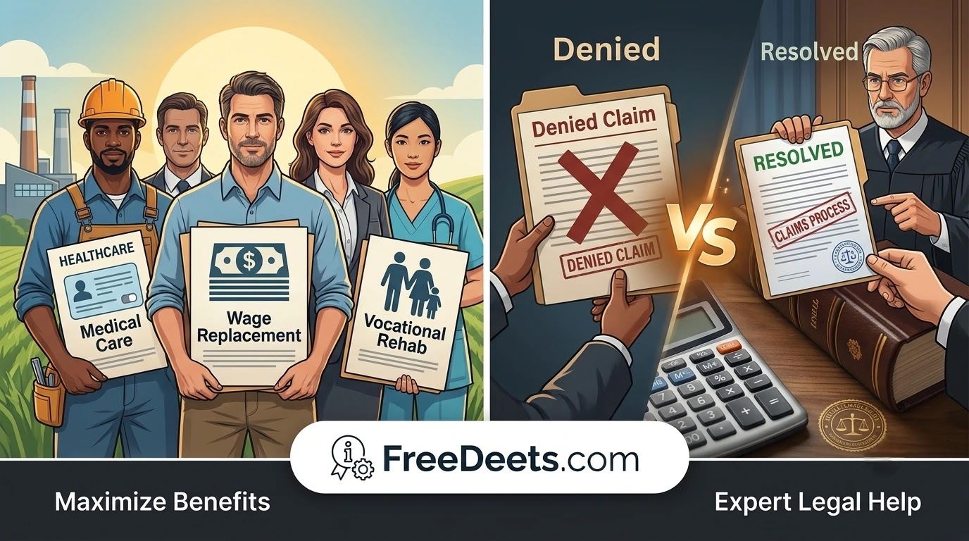 Illustrative diagram comparing 'Denied' and 'Resolved' workers' compensation claims, showing benefits like Medical Care, Wage Replacement, and Vocational Rehab, with FreeDeets.com branding.