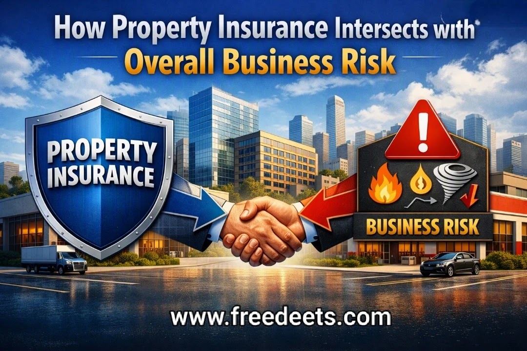 Illustration showing a handshake between “Property Insurance” and “Business Risk” shields, symbolizing how insurance helps manage commercial hazards like fire, flood, and financial loss.