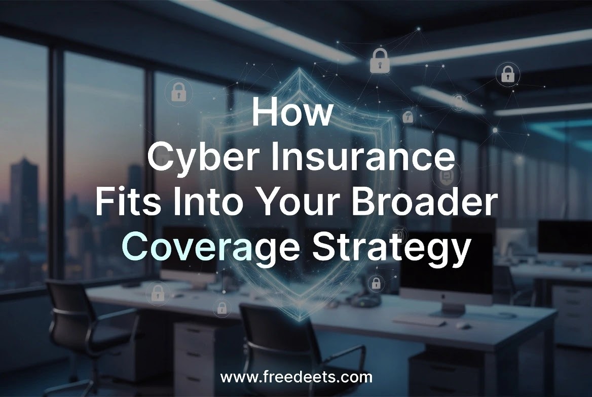 Graphic titled How Cyber Insurance Fits Into Your Broader Coverage Strategy overlaying a modern office workspace with cybersecurity padlock visuals and [www.freedeets.com](https://www.freedeets.com) branding.