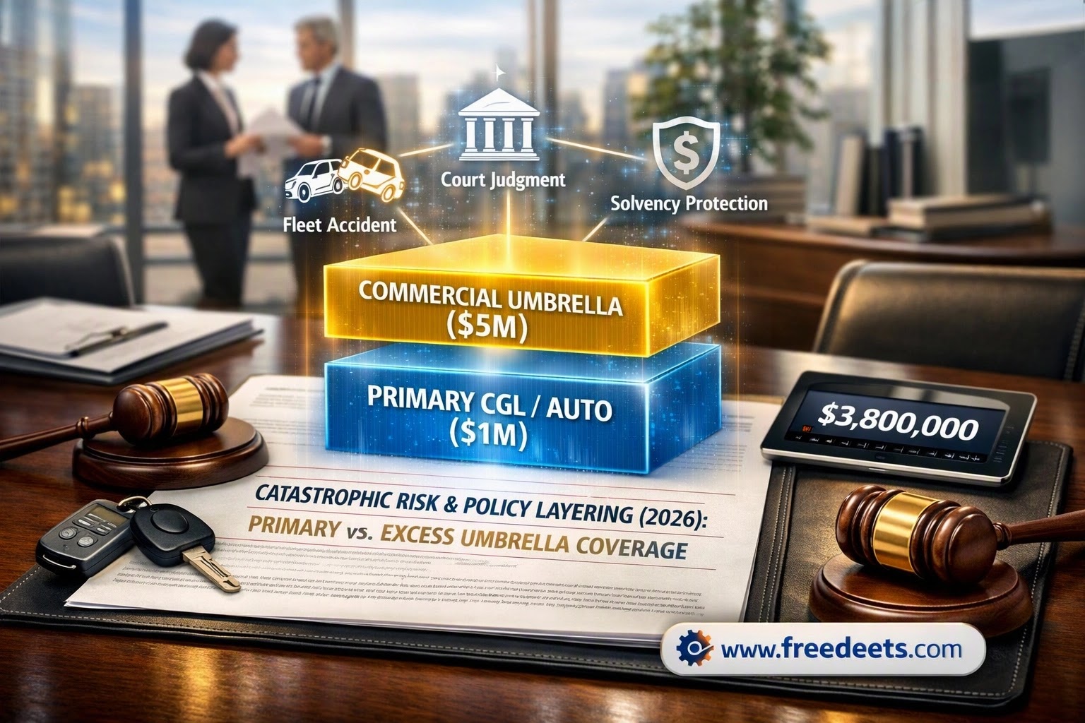 Visual breakdown of primary policy limits versus commercial umbrella excess coverage layering for US business risk with [www.freedeets.com](https://www.freedeets.com) branding.