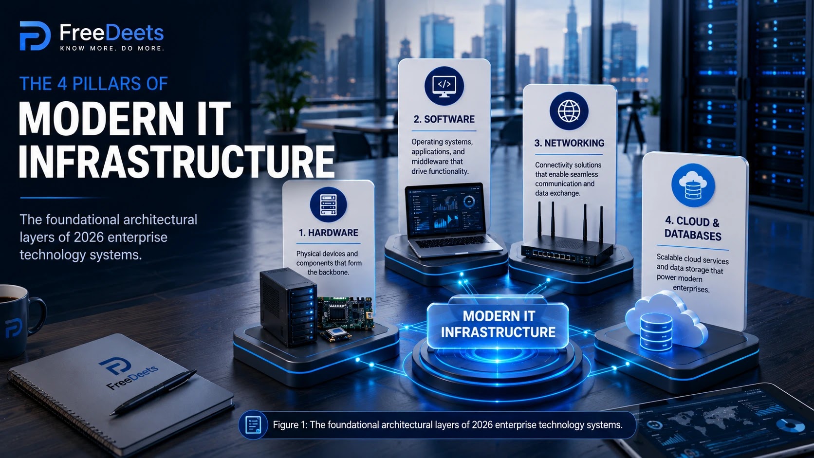 Infographic diagram showing the 4 core pillars of modern IT infrastructure: Hardware, Software, Networking, and Cloud Databases