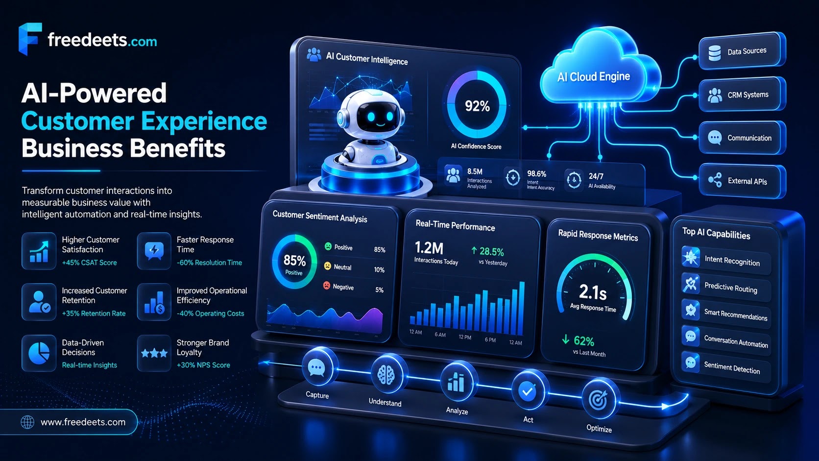 Infographic displaying the enterprise benefits of AI in customer experience, including 24/7 autonomous support and real-time analytics
