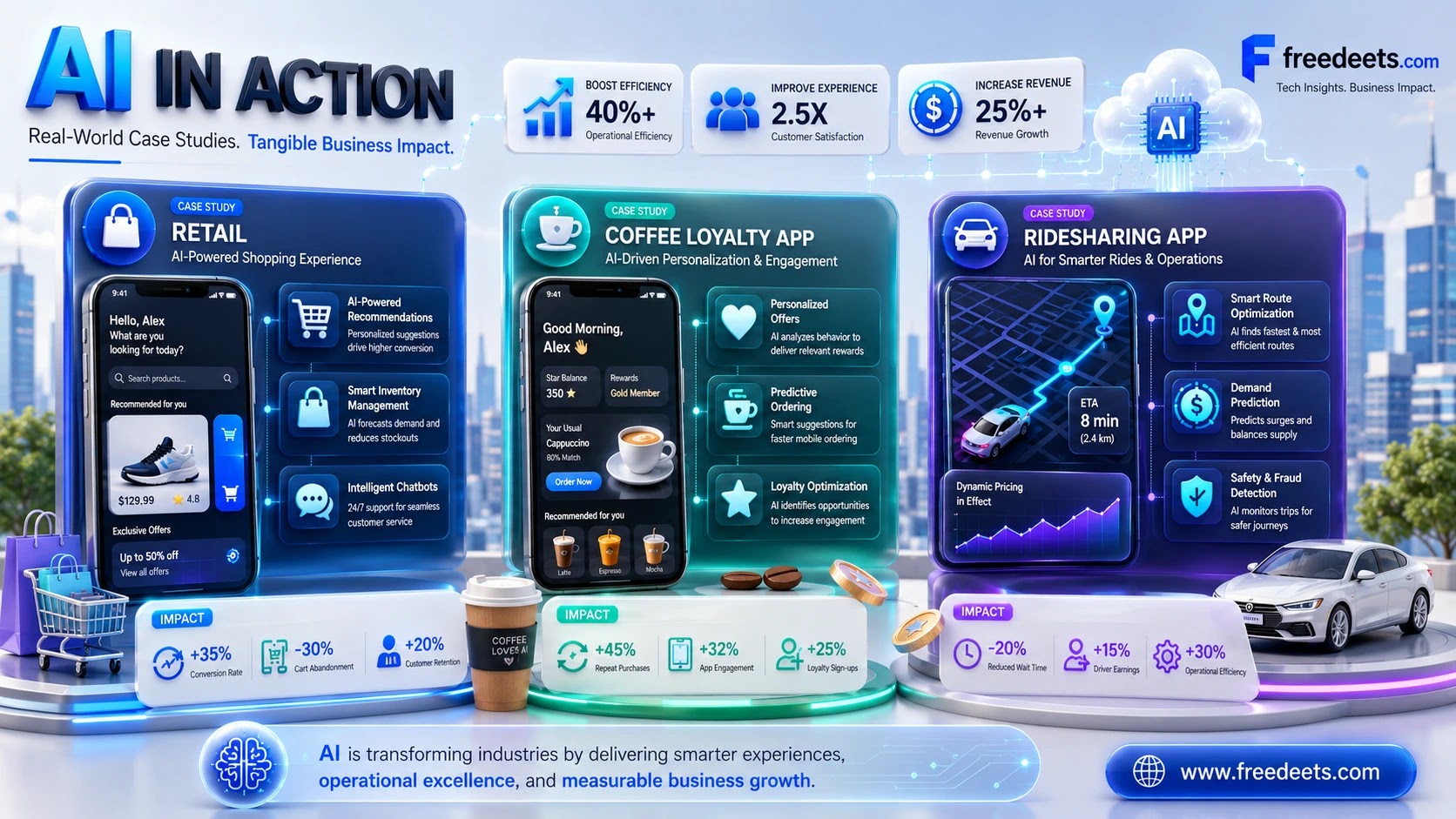Infographic representing real-world AI implementation case studies in mobile retail, beauty personalization, and smart mobility