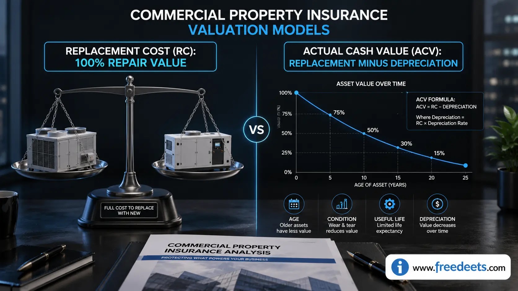 Diagram comparing commercial property insurance valuation models Replacement Cost vs Actual Cash Value on [www.freedeets.com](https://www.freedeets.com).