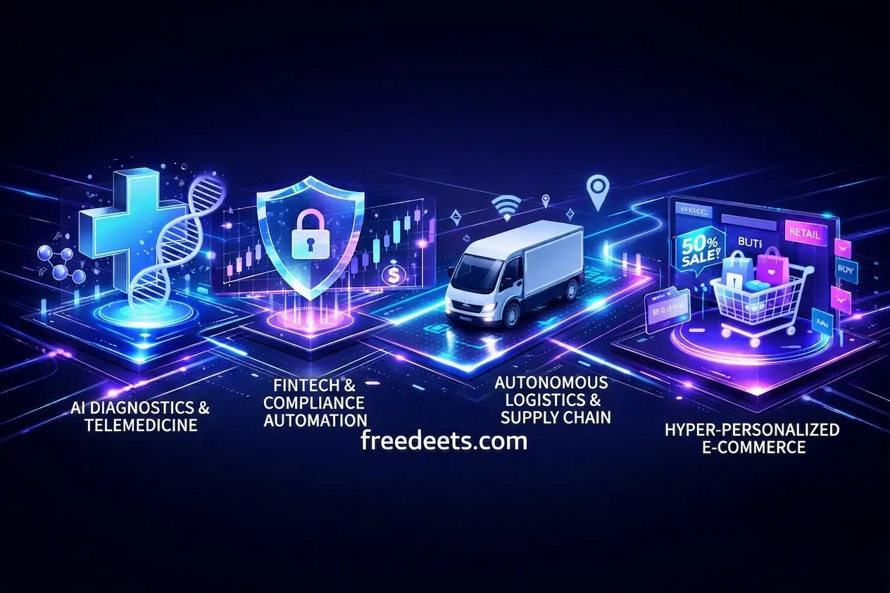 Isometric digital illustration depicting the impact of cutting-edge technology across healthcare, fintech, supply chain logistics, and retail sectors.