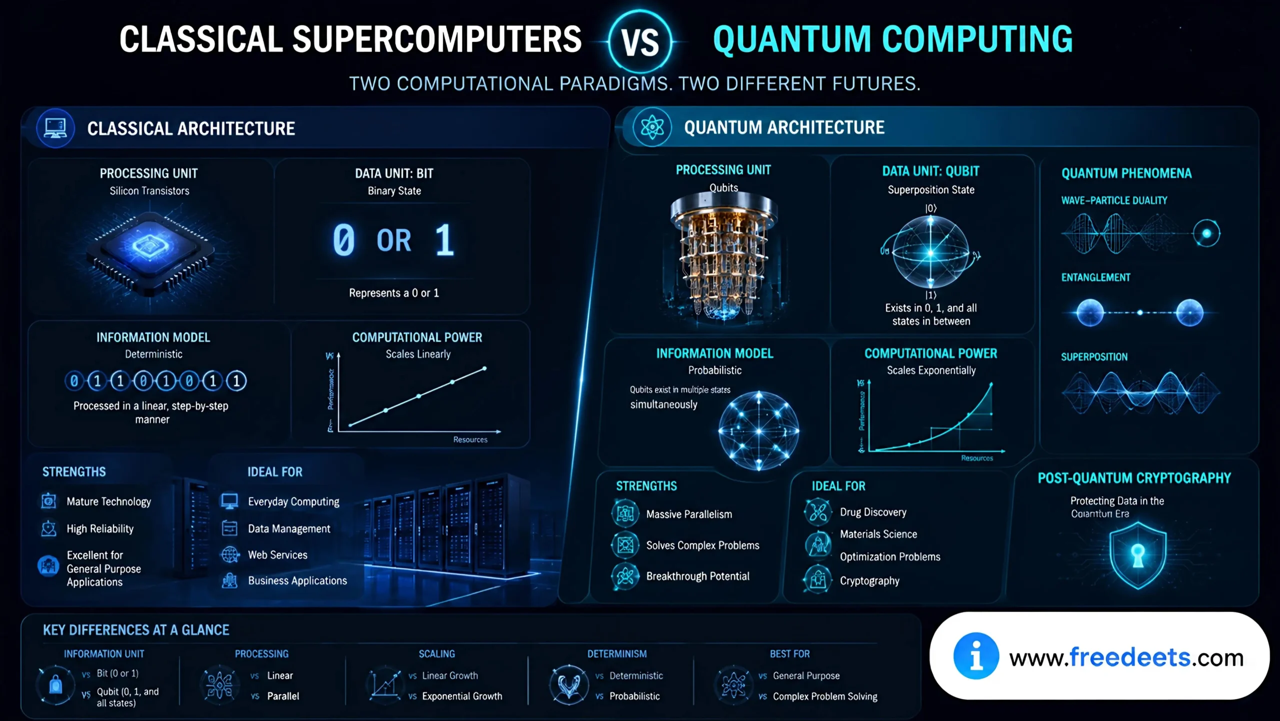Visual comparison chart comparing classical supercomputing bits against quantum qubits on [www.freedeets.com](https://www.freedeets.com).