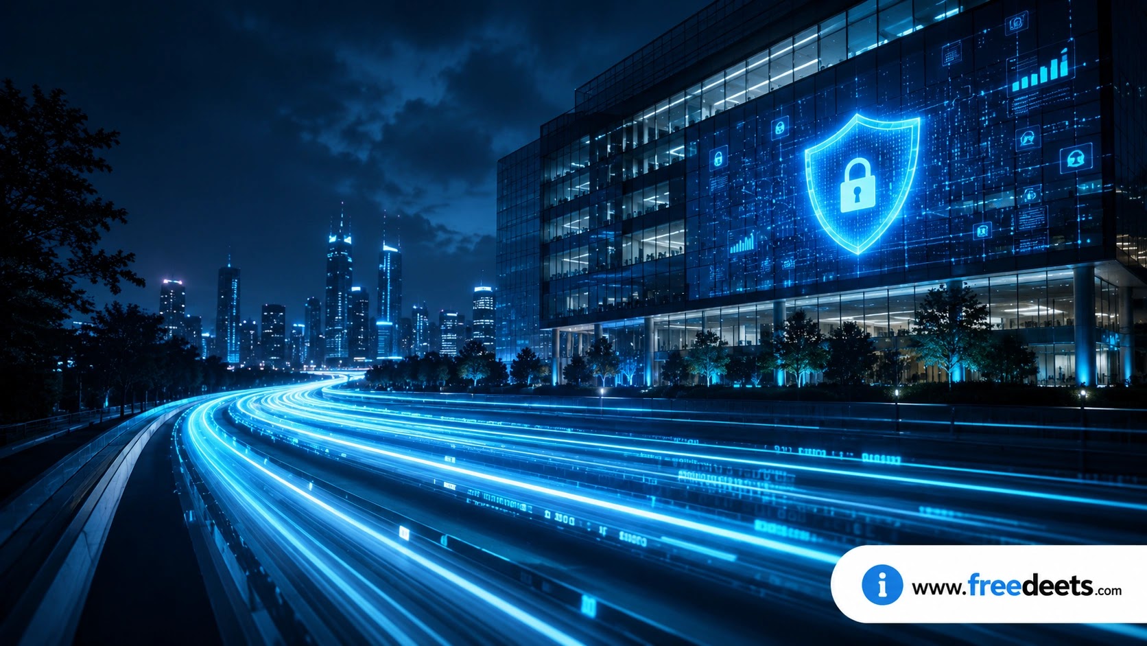 Enterprise corporate building overlay with cybersecurity shield matrix symbolizing SOC 2 compliance governance and B2B scale for FreeDeets.