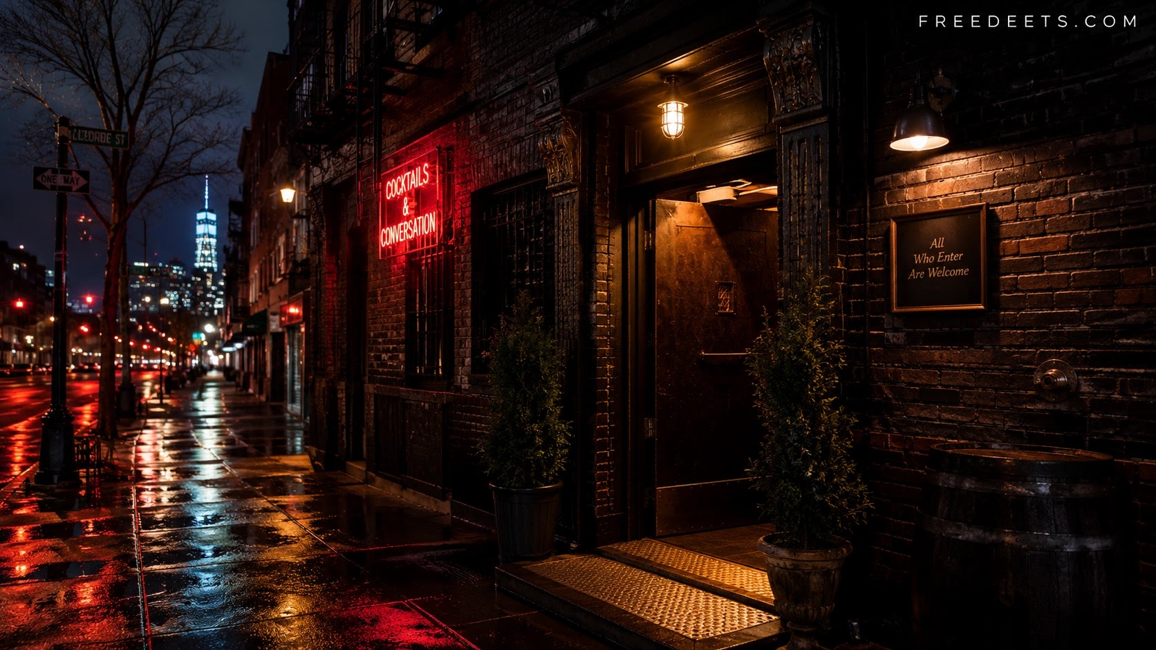 Atmospheric street view of an unmarked NYC speakeasy entrance in the Lower East Side with glowing red neon sign
