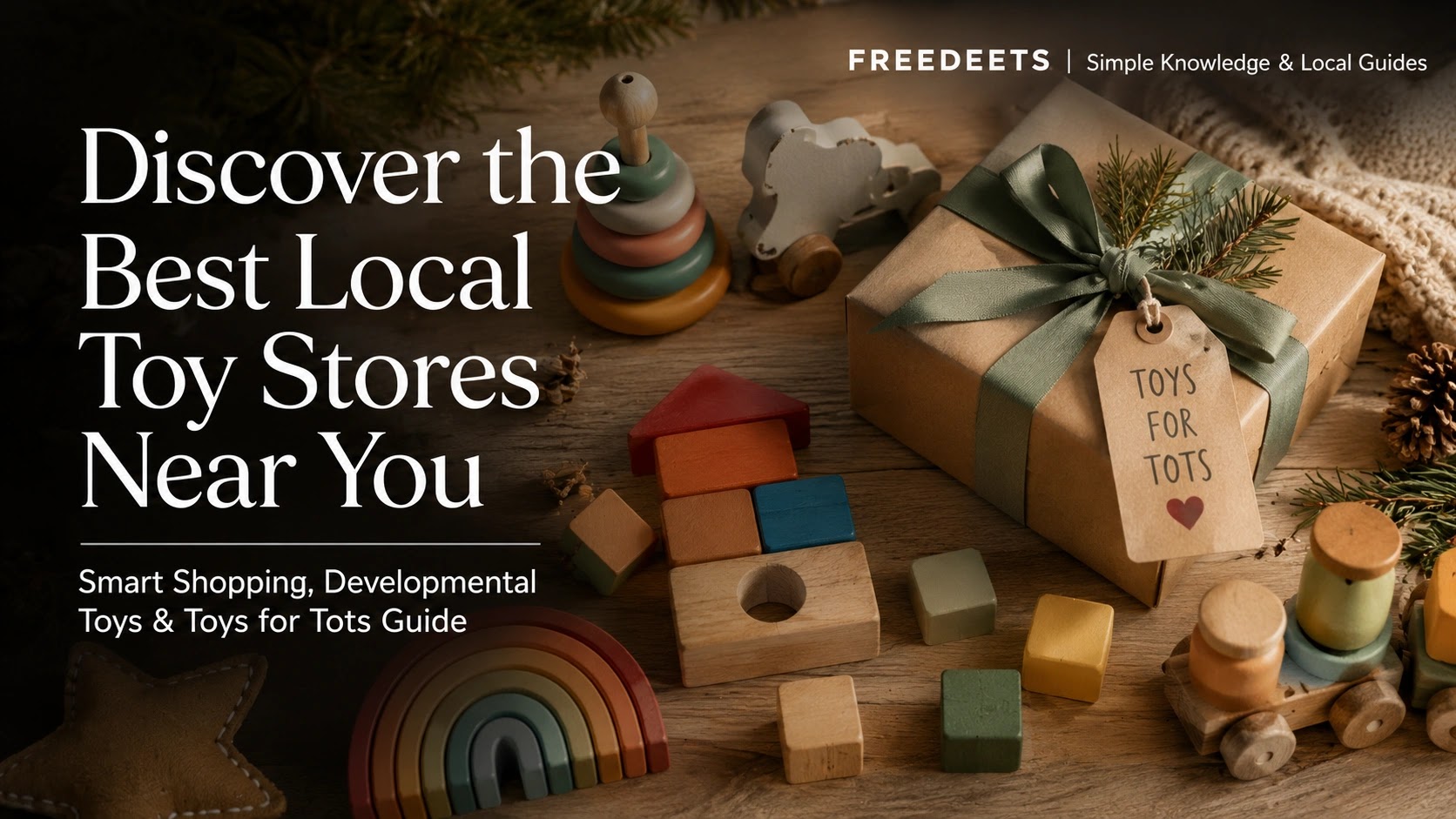 Flat lay of eco-friendly wooden building blocks and a ribbon-wrapped gift box for holiday toy donations