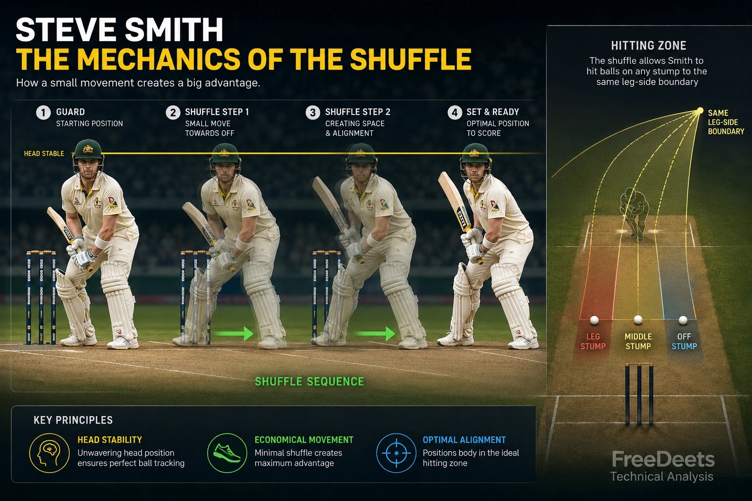 Steve Smith mechanics of the shuffle batting stance technique infographic and leg-side hitting zone breakdown - FreeDeets