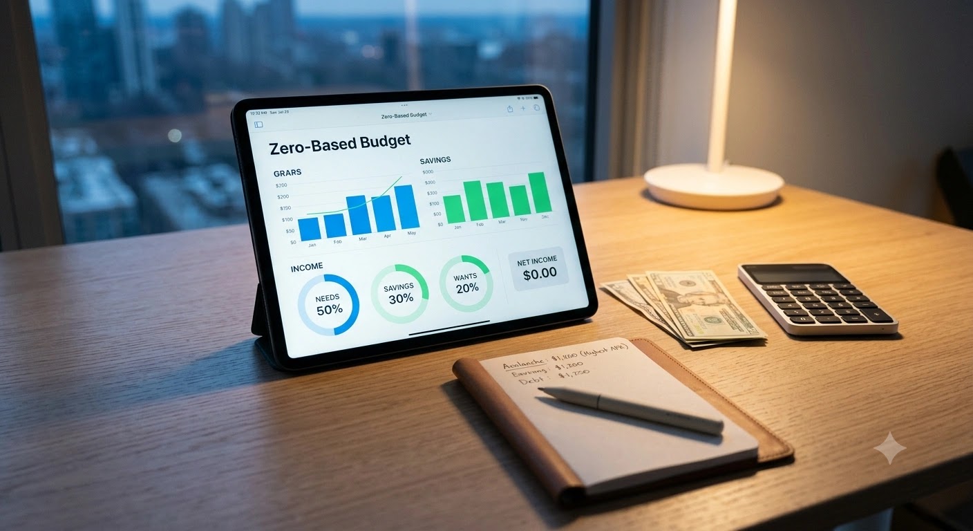 Zero-Based Budgeting and Debt Reduction Framework A tablet displaying a Zero-Based Budget dashboard next to a debt avalanche strategy notepad and calculator.