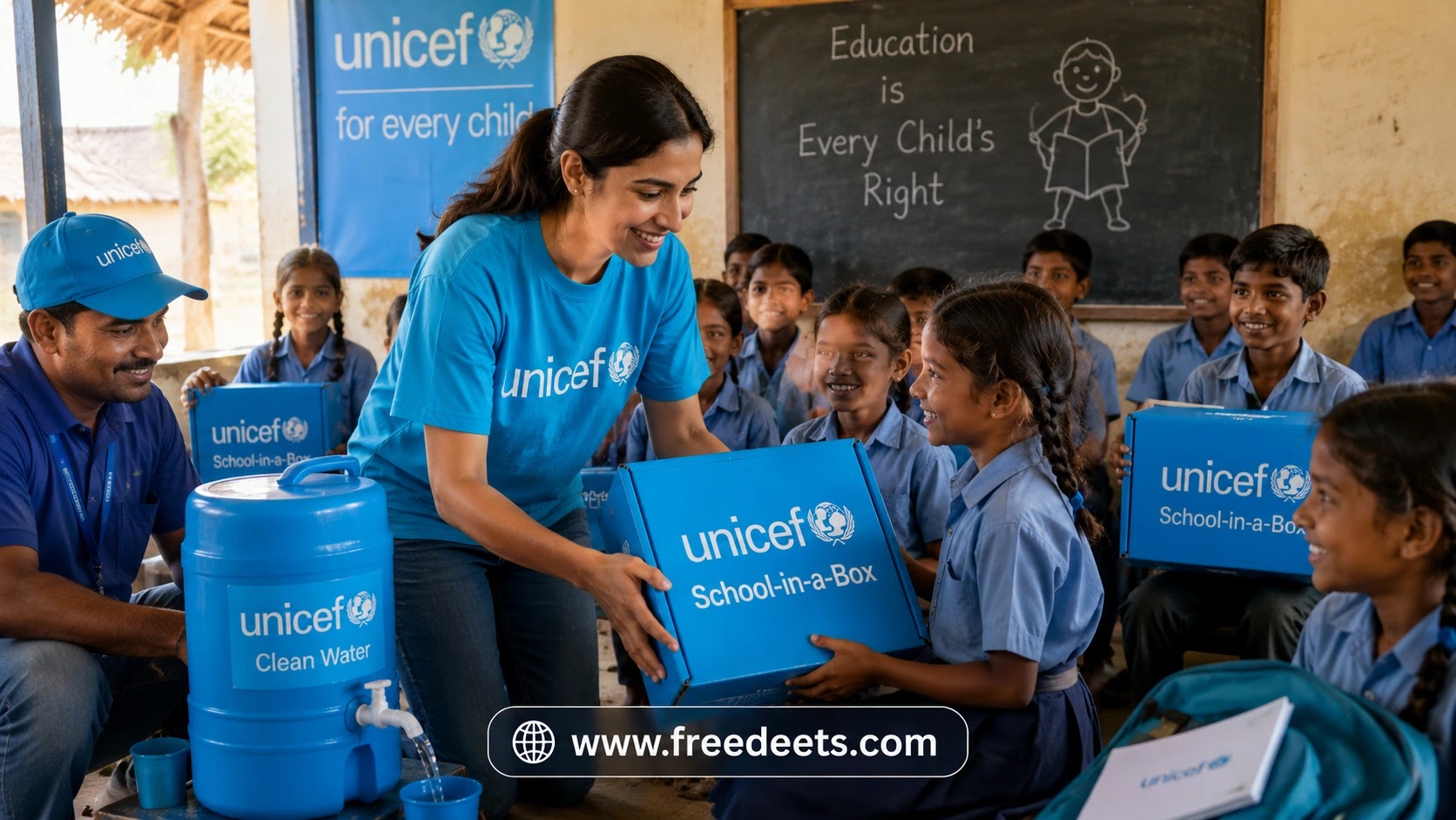 UNICEF humanitarian aid workers handing out School-in-a-Box educational kits and clean water containers to children in a classroom.
