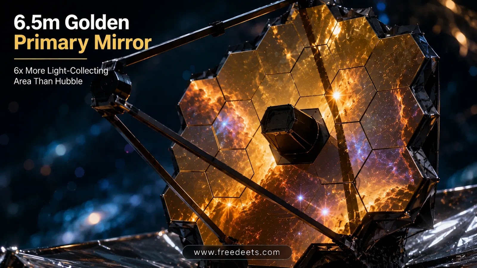 Close-up view of the 18 golden hexagonal primary mirror segments of the James Webb Space Telescope reflecting deep space starfields.