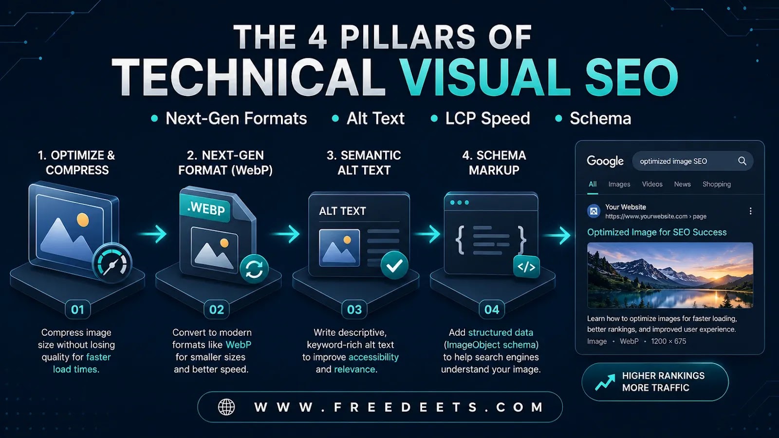 Infographic displaying the 4 pillars of technical visual SEO: image compression, WebP formats, semantic alt text, and schema markup.